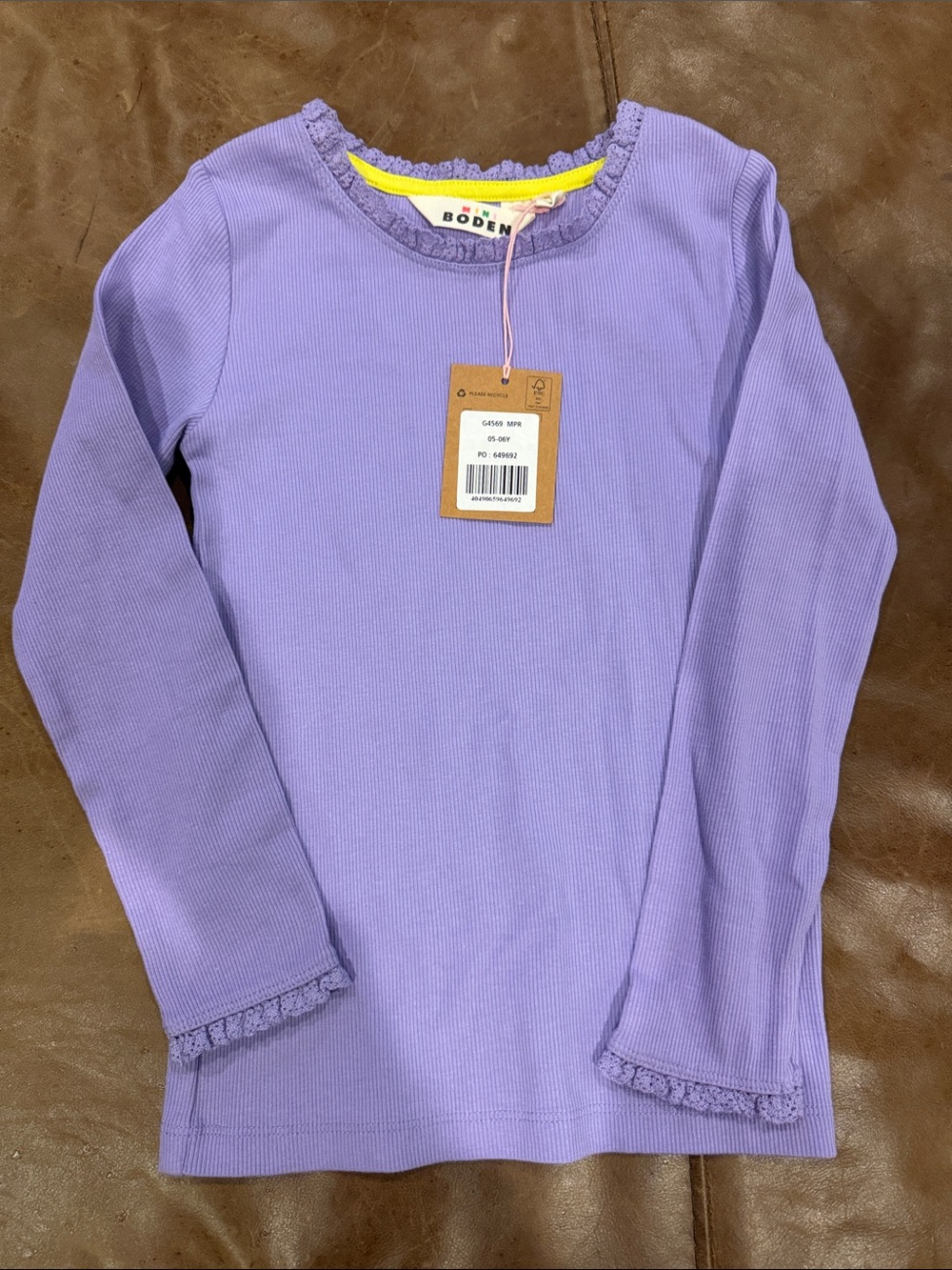 Mini Boden Girls' Lavender Long-Sleeve Lace Trim Top